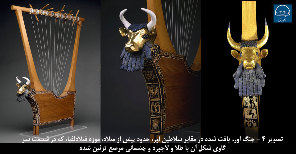 تصویر 4 - چنگ اور، یافت شده در مقابر سلاطین اور، حدود پیش از میلاد، موزه فیلادلفیا، که در قسمت سر گاو شکل آن با طلا و لاجورد و چشمانی مرصع تزئین شده